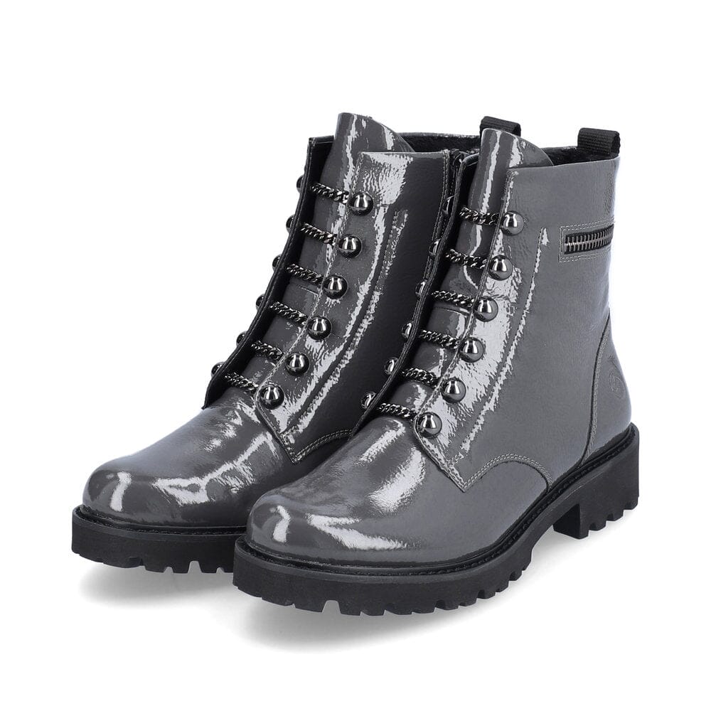 Patent Grey Leather Boot with Stud & Chain Details Footwear Rieker