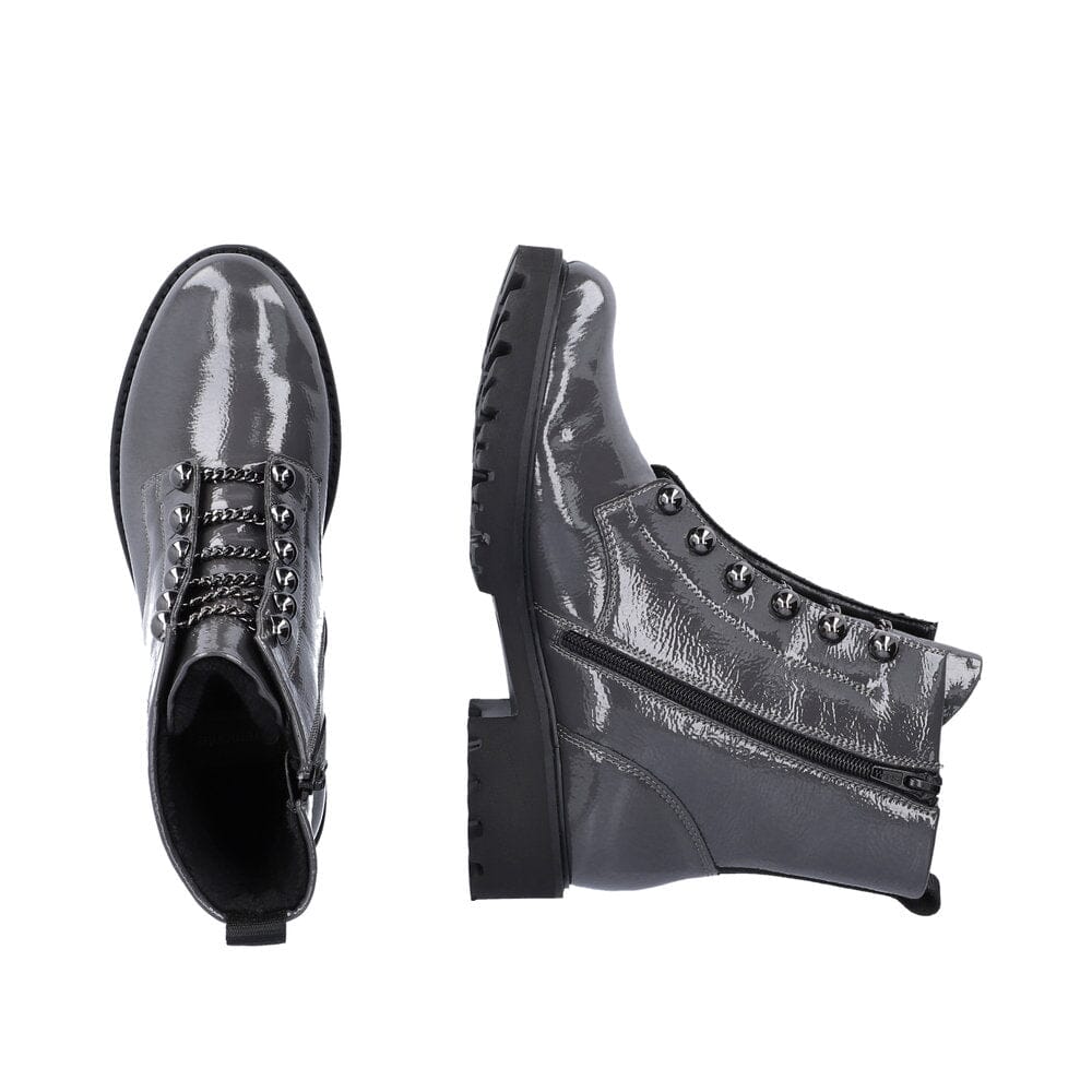 Patent Grey Leather Boot with Stud & Chain Details Footwear Rieker
