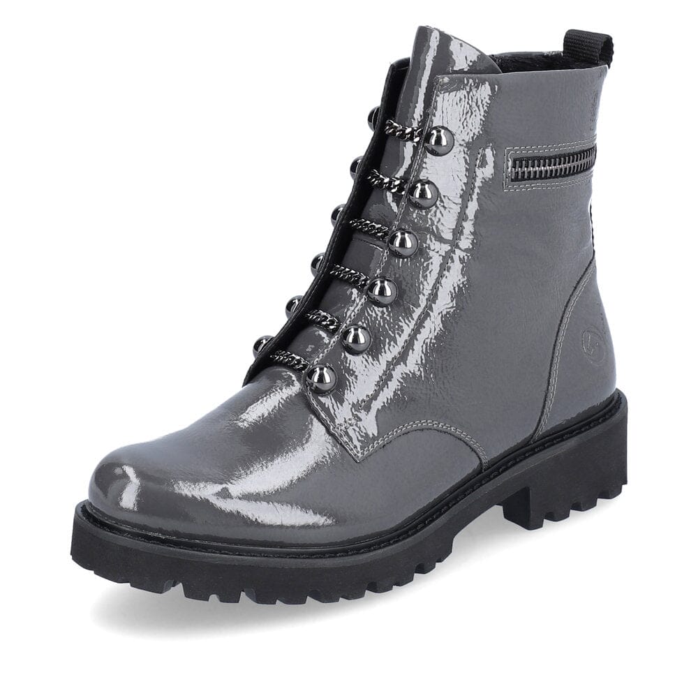 Patent Grey Leather Boot with Stud & Chain Details Footwear Rieker
