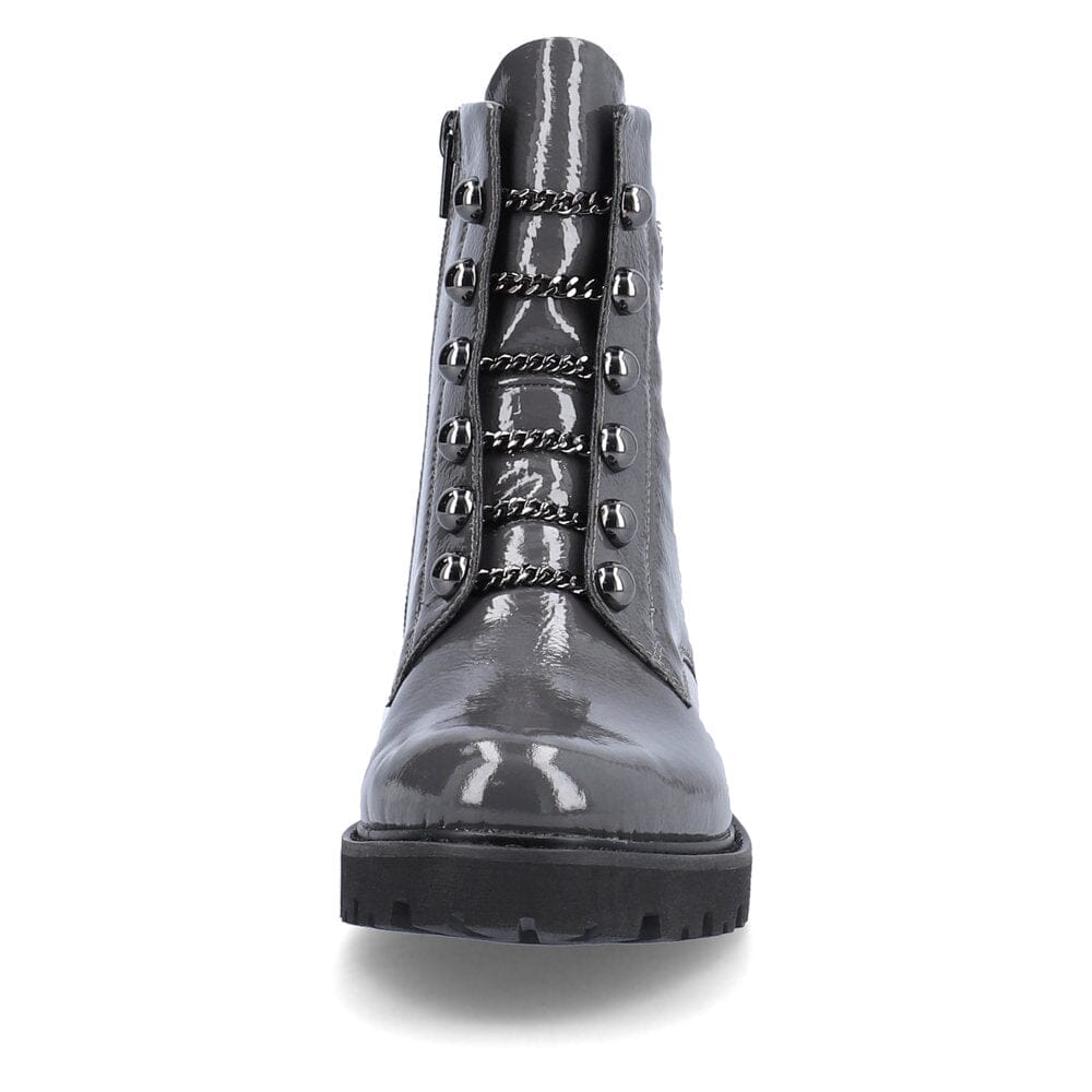 Patent Grey Leather Boot with Stud & Chain Details Footwear Rieker