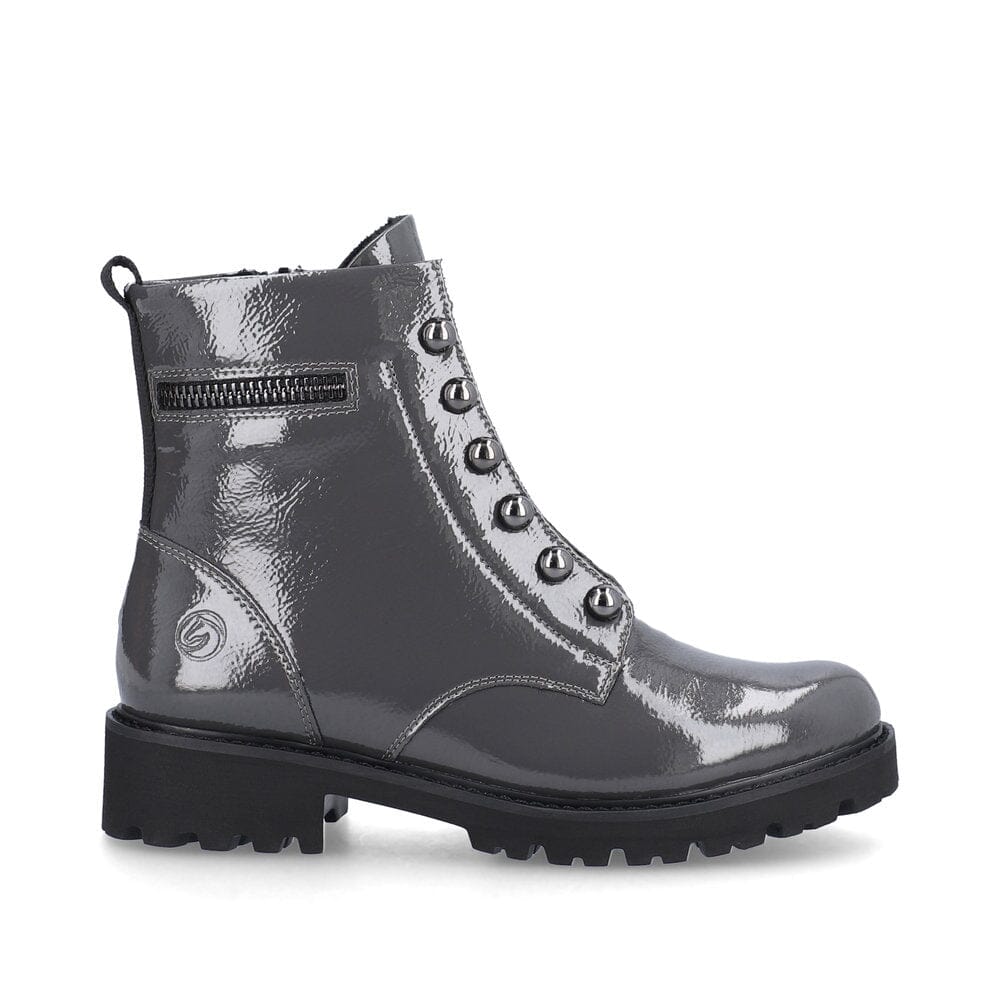Patent Grey Leather Boot with Stud & Chain Details Footwear Rieker