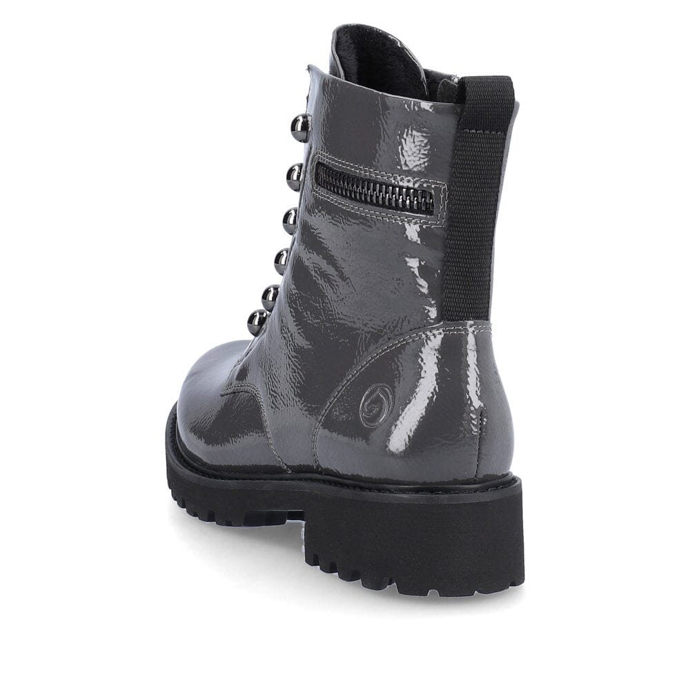 Patent Grey Leather Boot with Stud & Chain Details Footwear Rieker