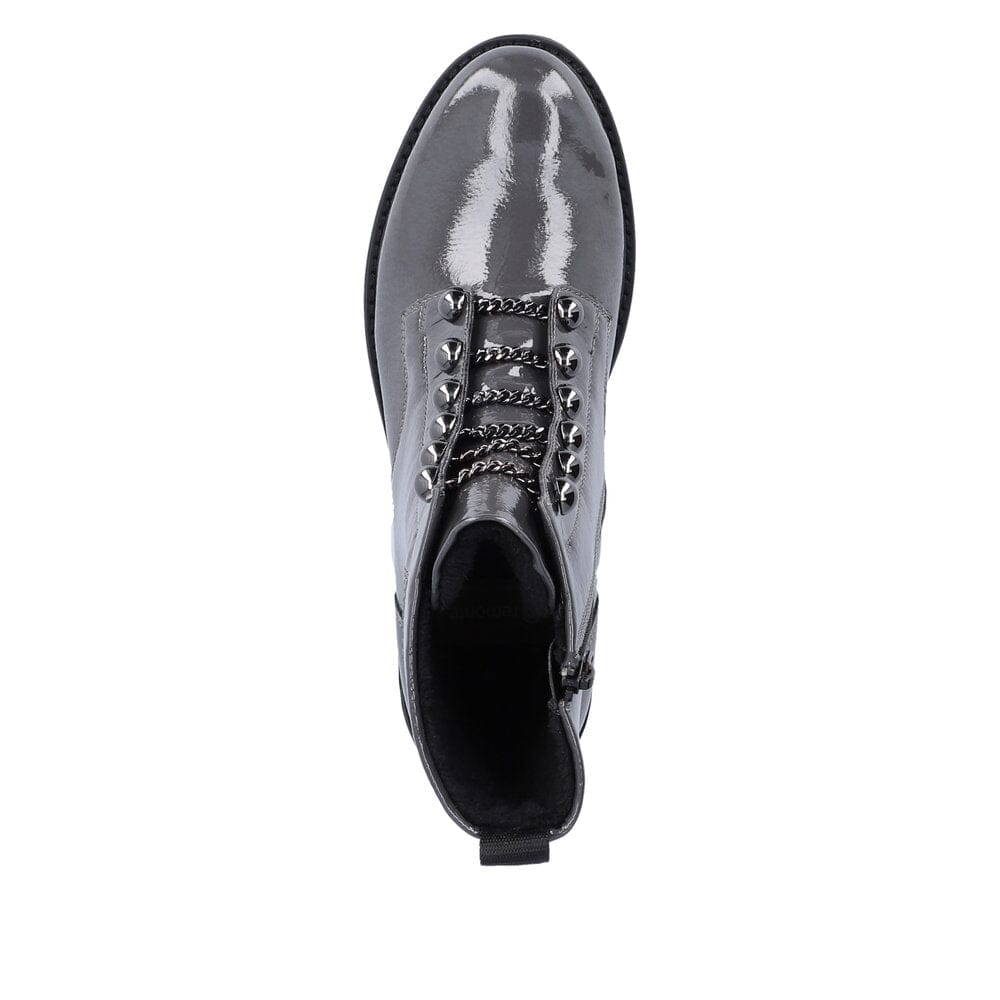 Patent Grey Leather Boot with Stud & Chain Details Footwear Rieker