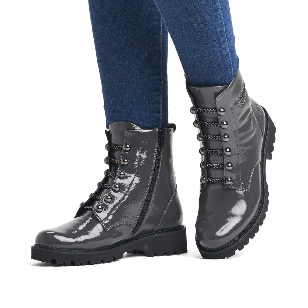 Patent Grey Leather Boot with Stud & Chain Details Footwear Rieker