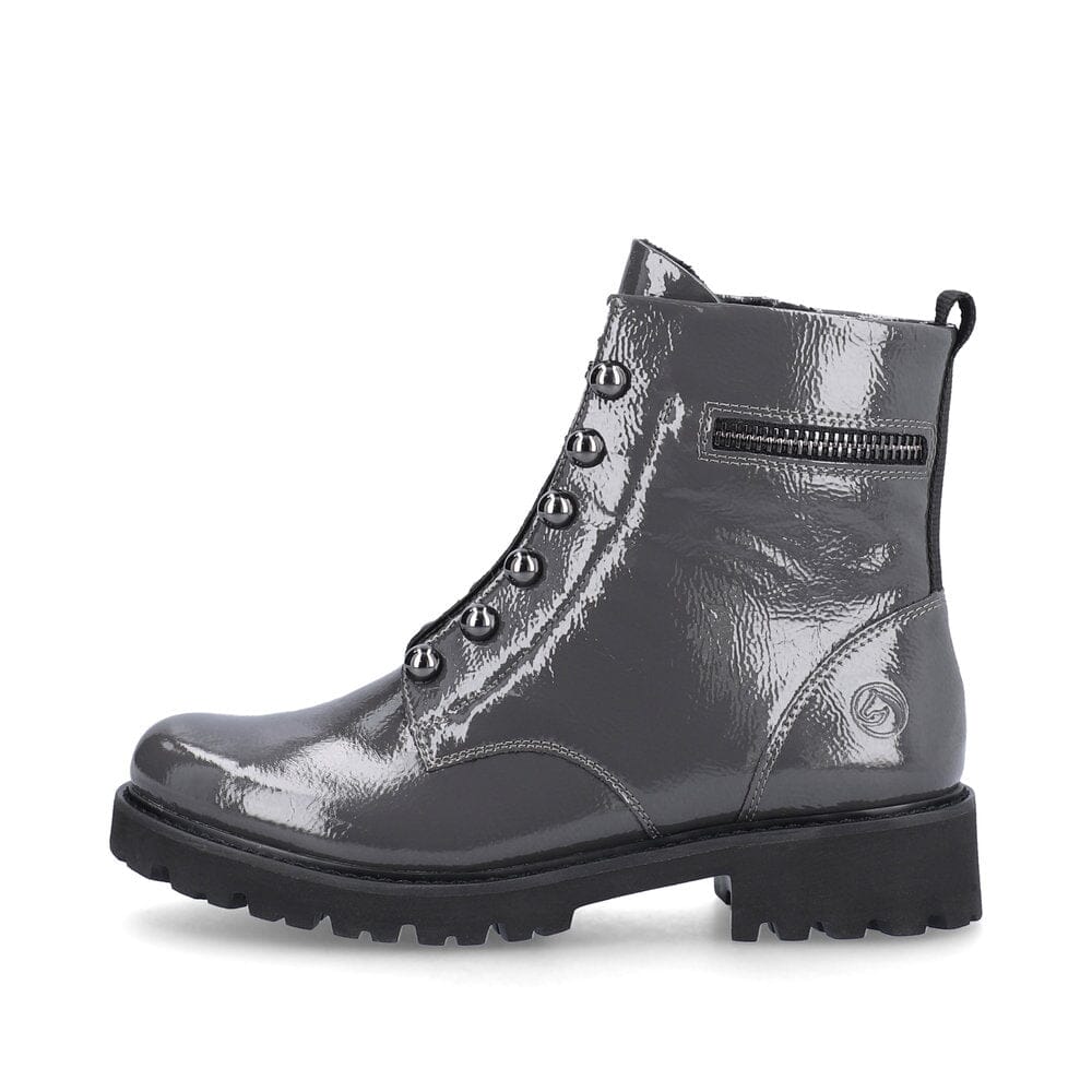 Patent Grey Leather Boot with Stud & Chain Details Footwear Rieker