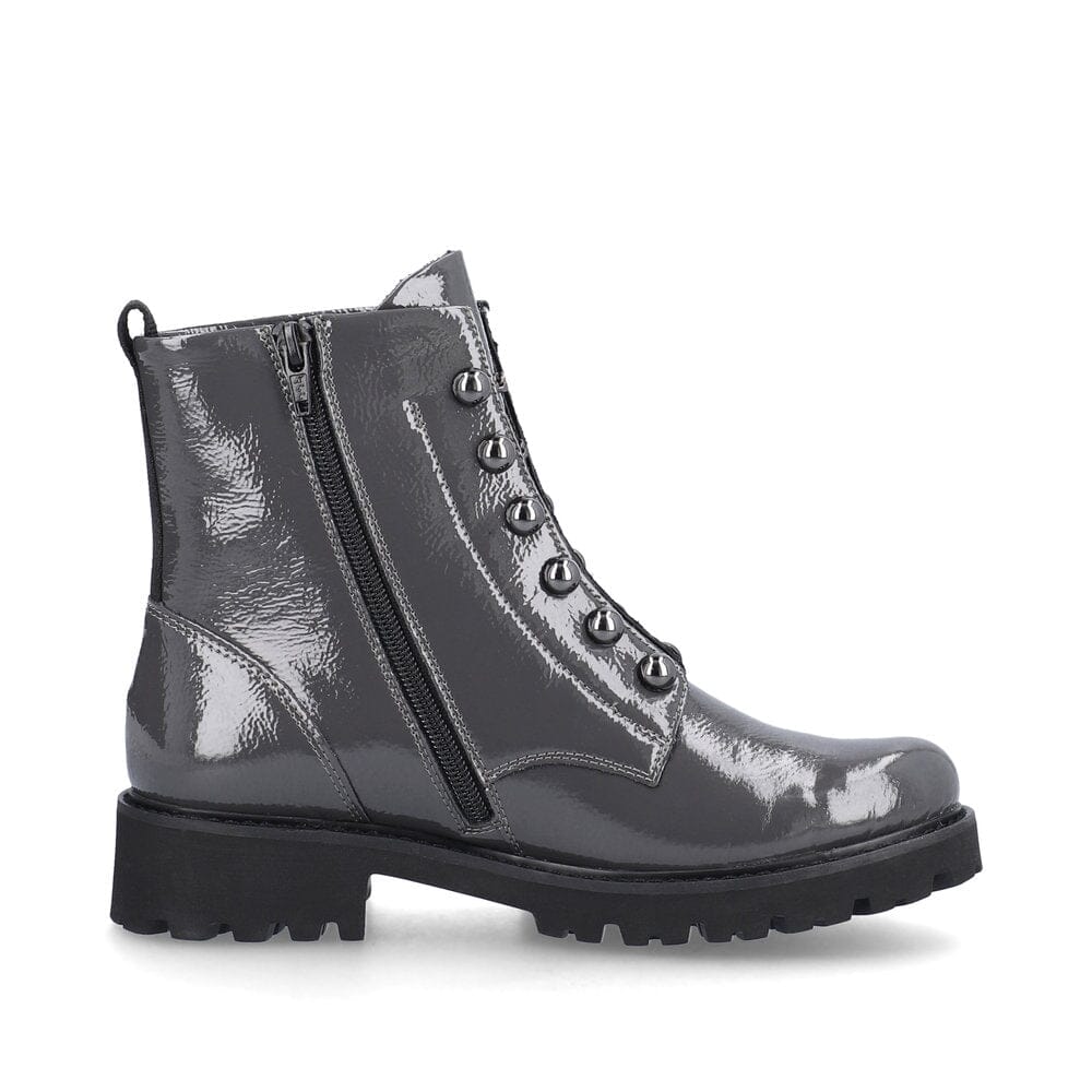 Patent Grey Leather Boot with Stud & Chain Details Footwear Rieker