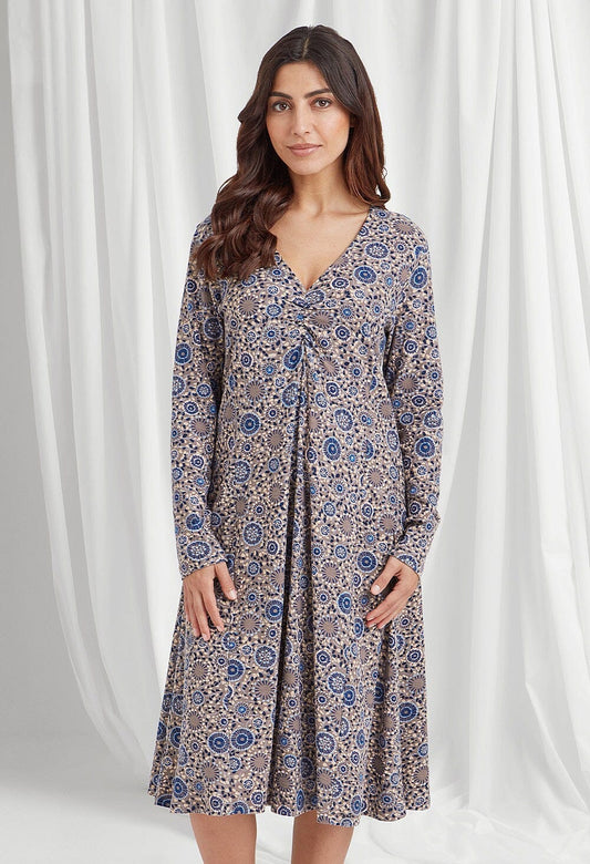 Kikki Dress Dandelion Print in Taupe Blue Dress Adini 