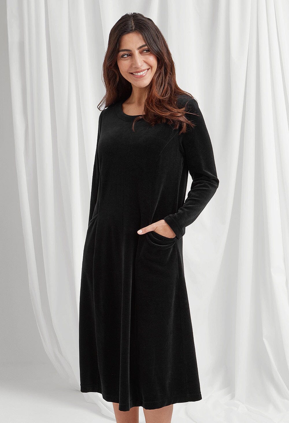 Monika Dress Solid Dye Velvet in Black Dress Adini 