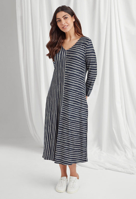 Pryce Dress Painted Stripe in Navy Silver Dress Adini 