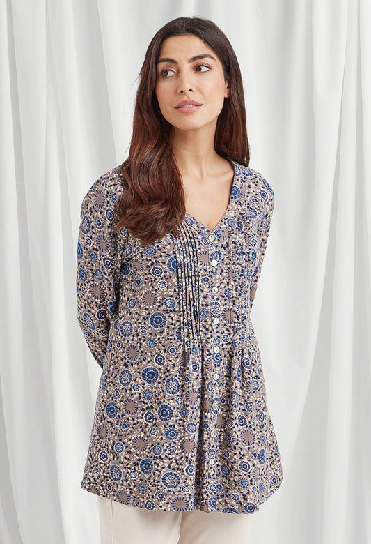 Sonia Tunic Dandelion Print in Taupe Blue Tunic Adini 