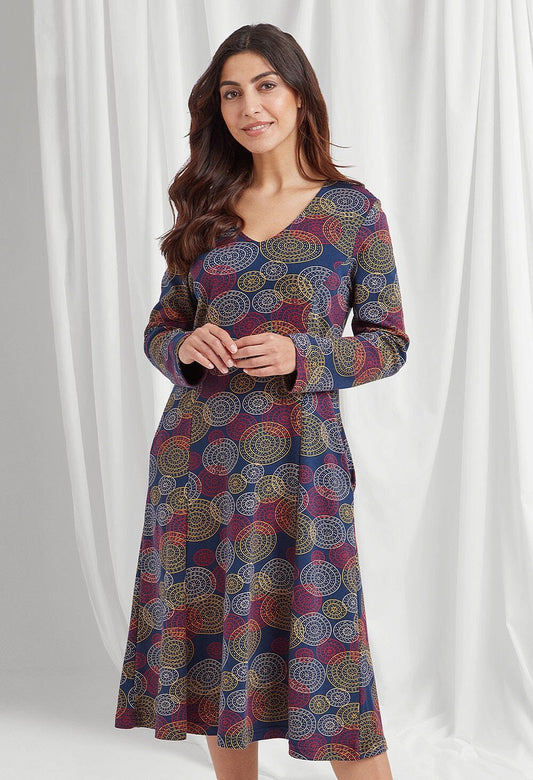 Yasin Dress Stitched Circle Print in Navy Mix Dress Adini 