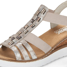 Load image into Gallery viewer, Dawn Wedge Sandal with Diamantés in Rose Metallic Sandal Rieker 
