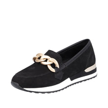 Load image into Gallery viewer, Moccasin with Gold Buckle in Black Suede Footwear Remonte 
