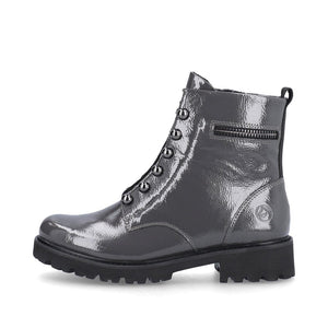 Patent Grey Leather Boot with Stud & Chain Details Footwear Rieker 