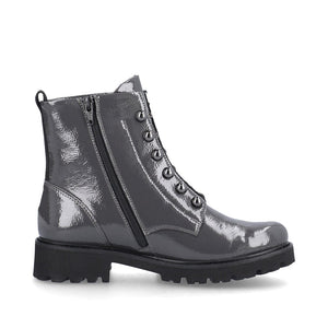 Patent Grey Leather Boot with Stud & Chain Details Footwear Rieker 